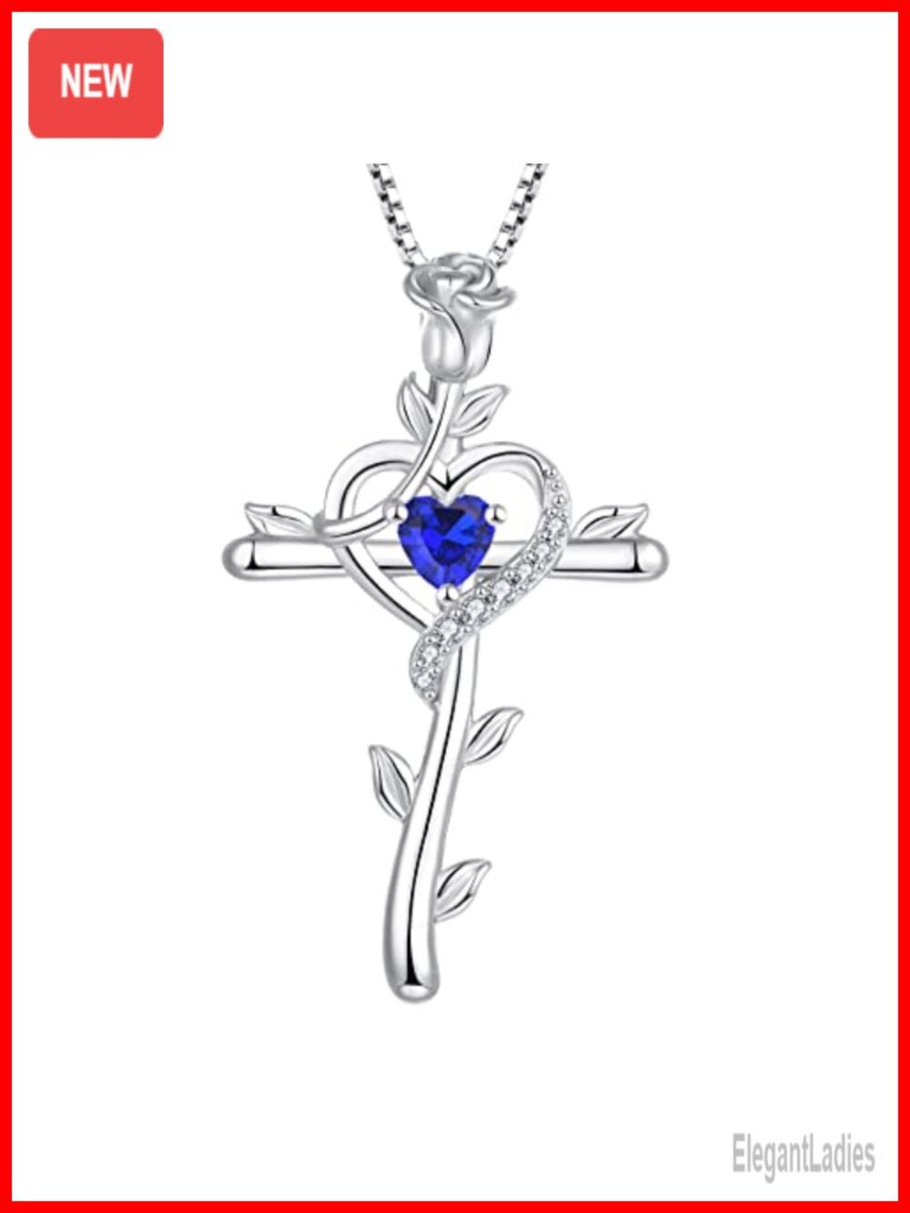 925 Sterling Silver Rose Cross Necklace Heart Birthstone Pendant